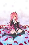  1girl absurdres black_boots black_dress black_ribbon blood bomhat boots detached_sleeves dress finger_to_mouth hair_ornament highres krul_tepes long_hair owari_no_seraph pink_hair pointy_ears red_eyes red_feathers ribbon sitting solo thigh-highs thigh_boots twintails 