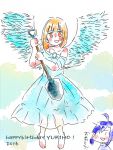  2016 ahoge angel_wings birthday commentary commentary_request hagiwara_yukiho highres idolmaster kikuchi_makoto kousaka_yukiho pastel_colors shovel translation_request uroko-shi wings worktool 