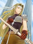  1girl arrow belt blonde_hair blue_sky bow_(weapon) briggid_(fire_emblem) brown_pants fire_emblem fire_emblem:_seisen_no_keifu from_below gloves headband long_hair nonji_(sayglo_halo) outdoors pants pillow red_gloves shoulder_pads sky solo very_long_hair weapon yellow_eyes 