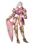  1girl armor artist_request boots breastplate elfie_(fire_emblem_if) expressionless fire_emblem fire_emblem_heroes fire_emblem_if full_armor gauntlets hair_bun hand_on_own_chest highres lips pink_armor shield shoulder_armor sidelocks silver_hair solo spaulders thigh-highs thigh_boots 
