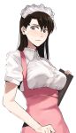  1girl blush breasts brown_hair earrings grey_eyes headdress jewelry menu ogros original simple_background solo sweatdrop waitress white_background 