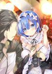  1boy 1girl beans blue_eyes blue_hair breasts commentary_request detached_sleeves eyes_visible_through_hair hair_ornament hair_over_one_eye highres large_breasts maid maid_headdress masu natsuki_subaru pink_ribbon purple_ribbon re:zero_kara_hajimeru_isekai_seikatsu rem_(re:zero) ribbon ribbon-trimmed_clothes ribbon_trim setsubun short_hair sumisuzu x_hair_ornament 