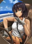  1girl abazu-red bangs brown_hair car_interior clouds cloudy_sky commentary dark_skin driving girls_und_panzer gloves green_eyes grin highres hoshino_(girls_und_panzer) jumpsuit long_sleeves looking_at_viewer mechanic shirt shirt_pull short_hair sitting sky smile solo tank_top tied_shirt white_gloves white_shirt 