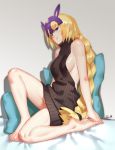  1girl alternate_costume arms_at_sides artist_name backless_outfit bangs bare_shoulders barefoot bed_sheet black_dress black_sweater blonde_hair blue_eyes braid breasts dress fate/grand_order fate_(series) feet from_side hair_ornament hair_tie halterneck headpiece highres jeanne_alter knee_up lolik long_hair looking_at_viewer medium_breasts no_bra on_bed open-back_dress pillow ribbed_sweater ruler_(fate/apocrypha) shiny shiny_skin sideboob single_braid sitting sitting_on_bed sleeveless sleeveless_turtleneck smile solo sweater sweater_dress toenails toes turtleneck turtleneck_sweater very_long_hair virgin_killer_sweater 