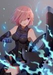  1girl armor black_background breasts eyebrows_visible_through_hair fate/grand_order fate_(series) gloves gradient gradient_background hair_over_one_eye highres lavender_hair medium_breasts mimengfeixue open_mouth shield shielder_(fate/grand_order) short_hair solo violet_eyes 