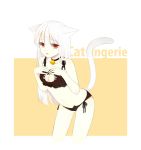  1girl albino animal_ears arched_back bangs bell bell_choker black_bra black_nails black_panties bra breasts cat_cutout cat_ear_panties cat_ears cat_girl cat_lingerie choker cleavage cleavage_cutout expressionless eyebrows_visible_through_hair fang hands_on_own_chest highres jingle_bell leaning_forward lingerie lmt_(ksa1162) long_hair looking_at_viewer medium_breasts nail_polish open_mouth original panties red_eyes side-tie_panties solo underwear underwear_only white_hair 