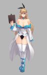 1girl bare_shoulders blonde_hair blue_eyes breasts choker cleavage clipboard commentary elf full_body grey_background highres large_breasts lipe-san long_hair nail original pointy_ears simple_background solo thigh-highs thigh_gap white_legwear 