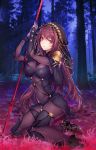  1girl armor bodysuit breasts covered_navel fate/grand_order fate_(series) gae_bolg highres kinokohime_(mican02rl) large_breasts light_particles long_hair outdoors pauldrons polearm purple_bodysuit purple_hair red_eyes red_flower scathach_(fate/grand_order) shoulder_armor solo spear tree veil weapon 