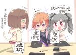  3girls blush brown_hair calligraphy calligraphy_brush celebi_ryousangata chibi drill_hair gradient_hair idolmaster idolmaster_cinderella_girls kanzaki_ranko long_hair maekawa_miku multicolored_hair multiple_girls ninomiya_asuka open_mouth orange_hair paintbrush red_eyes seiza short_hair silver_hair sitting skirt smile thigh-highs torn_clothes translation_request twin_drills twintails two-tone_hair violet_eyes 