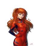  1girl absurdres artist_name bangs blue_eyes bodysuit bracer breasts closed_mouth eyelashes galin gloves hairpods hand_on_hip highres long_hair looking_at_viewer neon_genesis_evangelion number orange_hair plugsuit red_bodysuit red_gloves shoulder_pads simple_background small_breasts smile solo souryuu_asuka_langley swept_bangs upper_body white_background 
