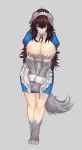  1girl animal_ears blue_eyes bowing breasts brown_hair cleavage cleavage_cutout commentary fur grey_background highres huge_breasts lipe-san long_hair original silver_hair simple_background tail wrist_cuffs 