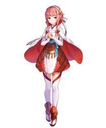  1girl capelet eyebrows_visible_through_hair fire_emblem fire_emblem_heroes fire_emblem_if fuji_choko full_body hairband hands_together highres japanese_clothes official_art pink_hair red_eyes sakura_(fire_emblem_if) sandals short_hair solo thigh-highs transparent_background zettai_ryouiki 