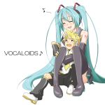  blonde_hair closed_eyes detached_sleeves hatsune_miku headset hug kagamine_len lap_sitting long_hair musical_note musical_notes rakuhashi short_hair sitting sitting_on_lap sitting_on_person thigh-highs thighhighs twintails vocaloid 