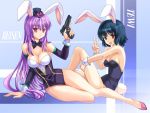  bad_id bare_legs black_hair bow_tie bowtie breasts bunny_ears bunny_girl bunny_tail bunnysuit cleavage gun handgun hat high_heels inaba_tewi legs long_hair pico_(picollector79) pistol purple_hair rabbit_ears red_eyes reisen_udongein_inaba shoes short_hair tail touhou v wallpaper weapon 