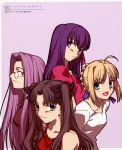  4girls ahoge artoria_pendragon_(all) black_hair blonde_hair blue_eyes casual emiya-san_chi_no_kyou_no_gohan fate/hollow_ataraxia fate/stay_night fate_(series) glasses green_eyes highres long_hair matou_sakura medusa_(fate)_(all) purple_eyes purple_hair rider saber scan takeuchi_takashi tohsaka_rin toosaka_rin twintails type-moon violet_eyes 