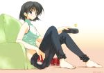  amazuyu_tatsuki bare_shoulders barefoot black_hair blue_eyes blush bra can cans drink drinks feet jeans lingerie midriff panties remote short_hair sitting sleeveless sleeveless_turtleneck striped striped_bra striped_panties turtleneck underwear 