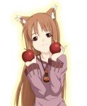  apple apples brown_hair food fruit holding holding_fruit holo long_hair rakuhashi red_eyes spice_and_wolf wolf_ears 