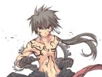  1boy black_eyes black_hair bracelet brown_hair clenched_hand earrings full_body_tattoo gloves jewelry long_hair male ponytail satomi serious shirtless solo tattoo white_background 