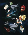  beard blonde_hair closed_eyes facial_hair green_hair gun headband highres kuramitsu_mihoshi long_hair makibi_kiyone ryo-ohki ryou-ouki scan scan_artifacts space space_craft spaceship tears tenchi_muyo tenchi_muyou! tenchi_muyou!_uchuu_hen weapon 