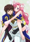  bad_feet barefoot brown_hair cape cat_ears cat_paws code_geass euphemia_li_britannia feet gloves green_eyes hold holding hug kurimomo kururugi_suzaku legs long_hair nekomimi paws piggyback pink_hair purple_eyes short_hair smile violet_eyes 