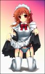  brown_hair dress dress_lift garter_belt mabinogi maid maid_headdress panties red_eyes striped striped_panties thigh-highs thighhighs triona twin_braids umitsubame underwear 