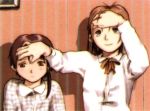  abe_yoshitoshi brown_eyes brown_hair hair_ornament hairclip hand_on_another's_face hand_on_own_face iwakura_lain iwakura_mika multiple_girls official_art serial_experiments_lain yoshitoshi_abe 