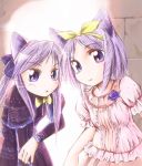  cat_ears dress hair_ribbon hiiragi_kagami hiiragi_tsukasa jiei_son lucky_star purple_eyes purple_hair ribbon siblings sisters twins violet_eyes 