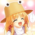  hat moriya_suwako open_mouth smile touhou translated yamasan 