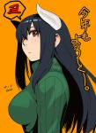  black_hair breasts brown_eyes horns large_breasts long_hair original simple_background solo sweater translation_request turtleneck 
