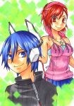  blue_eyes blue_hair camisole digital_media_player hachi_ko headphones jewelry megami_ibunroku_devil_survivor mp3_player necklace protagonist_(devil_survivor) red_eyes red_hair redhead short_hair smile star stars tanigawa_yuzu tank_top 