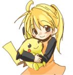  1girl blonde_hair blue_eyes blush child hug lowres nintendo pika_(pokemon) pikachu plush_toy pokemon pokemon_(creature) pokemon_special ponytail simple_background smile solo white_background yellow_(pokemon) 