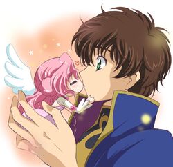  angel_wings brown_hair chibi closed_eyes code_geass euphemia_li_britannia green_eyes kiss kurimomo kururugi_suzaku long_hair minigirl pink_hair short_hair star wings 