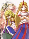 2girls blonde_hair crossed_arms green_eyes horn horns hoshiguma_yugi hoshiguma_yuugi kuronuko_neero long_hair mizuhashi_parsee red_eyes short_hair skirt touhou