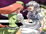  blush braid elbow_gloves gloves highres hong_meiling izayoi_sakuya long_hair maid punch punching red_eyes red_hair redhead ribbon ribbons short_hair silver_hair tears thigh-highs thighhighs touhou tsuki_wani twin_braids 