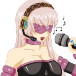  blindfold breasts cleavage collar cosplay dress fate/stay_night fate_(series) headset long_hair mask megurine_luka microphone musical_note parody rider rider_(cosplay) seiyuu_connection seiyuu_joke shirue strapless_dress very_long_hair vocaloid 