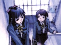  hairband iwakura_lain official_art school_uniform serial_experiments_lain stairs window yoshitoshi_abe 