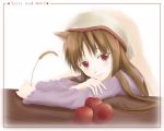  apple apples brown_hair food fruit holo long_hair red_eyes spice_and_wolf sukua tk28 wheat wolf_ears 