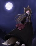  brown_hair dark glowing glowing_eyes holo long_hair moon night red_eyes spice_and_wolf sukua tail tk28 wolf_ears 