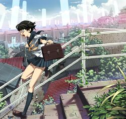  back bag black_hair cd_cover cityscape cloud clouds cover crane flood highres jumping knee_pit kneehighs legs ocean original power_lines railing rooftop scenery school_bag school_uniform shoes short_hair sky socks stairs tatsuwo vines water waterfall 