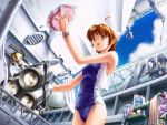  armpits brown_eyes brown_hair cleaning cloud flat_chest game_cg kisaragi_yuumi mecha min-naraken one-piece_swimsuit open_mouth outdoors school_swimsuit see_in_ao short_hair sky smile soap solo sponge standing swimsuit towel towel_on_shoulders washing watch wet wristwatch 
