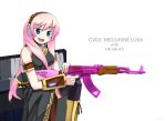  boots breasts detached_sleeves gun headset hello_kitty knee_boots long_hair megurine_luka pink_hair rifle sanrio sitting skirt thigh-highs thighhighs very_long_hair vocaloid weapon 