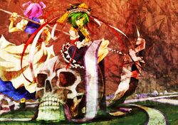  2girls 9ji alternate_weapon green_eyes green_hair hat multiple_girls onozuka_komachi rod_of_remorse scroll scythe shikieiki_yamaxanadu sitting skull skulls touhou weapon 