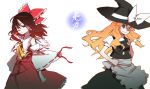  blonde_hair blue_eyes brown_eyes brown_hair detached_sleeves hair_ribbon hair_ribbons hakurei_reimu hat japanese_clothes katou_haruaki kirisame_marisa long_hair miko multiple_girls ribbon ribbons touhou witch_hat 