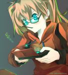  1girl female girls_playing_games glasses hoodie mouth_hold neon_genesis_evangelion nintendo_ds playing_games product_placement red_hair redhead solo souryuu_asuka_langley stylus video_game zaphk_(artist) 