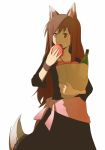  apple bad_id bag bottle brown_eyes brown_hair eating food fruit groceries holo long_hair paper_bag red_eyes spice_and_wolf tail wolf_ears wristband yo_(pixiv60058) yow 