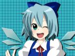 aqua_eyes bad_id blue_hair bow cirno hair_bow large_bow open_mouth plaid plaid_background sarukomea smile touhou wings wink 