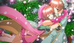  card_captor_sakura cardcaptor_sakura cherry_blossoms happy hoshi_no_tsue hug kinomoto_sakura li_syaoran li_xiaolang magical_girl outfit wand 