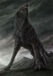  bondage fangs fenrir fenrir_(mythology) giant monochrome muted_color red_eyes tail wolf 