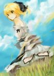  armor armored_dress blonde_hair cloud clouds dress fate/stay_night fate/unlimited_codes fate_(series) grass green_eyes hair_ribbon hair_ribbons highres ponytail ribbon ribbons saber saber_lily sky solo tsukushi_ayaka 