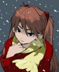  blue_eyes brown_hair coat face from_above hair_ornament hairclip hands long_hair looking_up neon_genesis_evangelion redhead scarf snow souryuu_asuka_langley t-ihn 